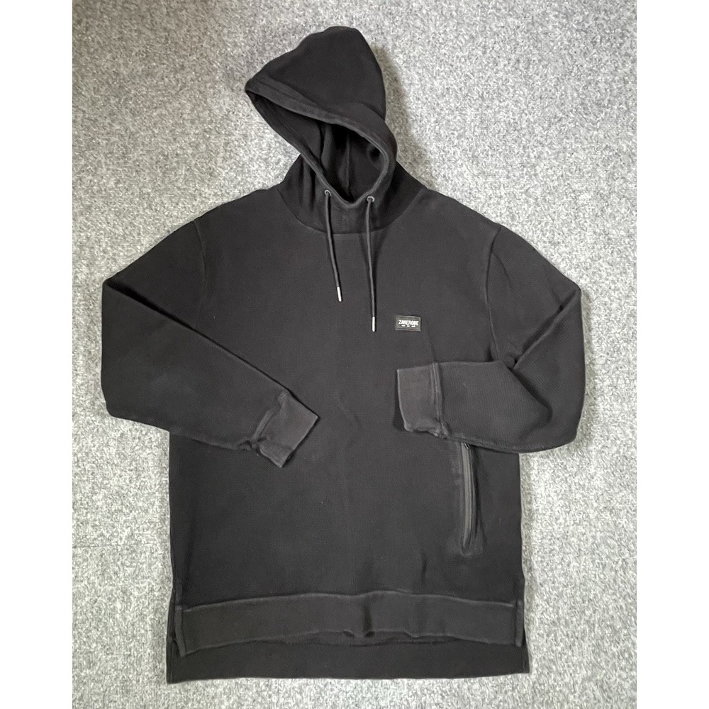 Zanerobe Hoodie Mens Large Black Waffle Knit Pullover Fleece Pocket Sweatshirt
